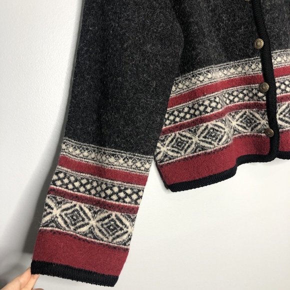 VTG Tally Ho Gray Jacket XL 100% Wool Fair Isle Long Sleeve Cardigan Sweater Top - Picture 3 of 9
